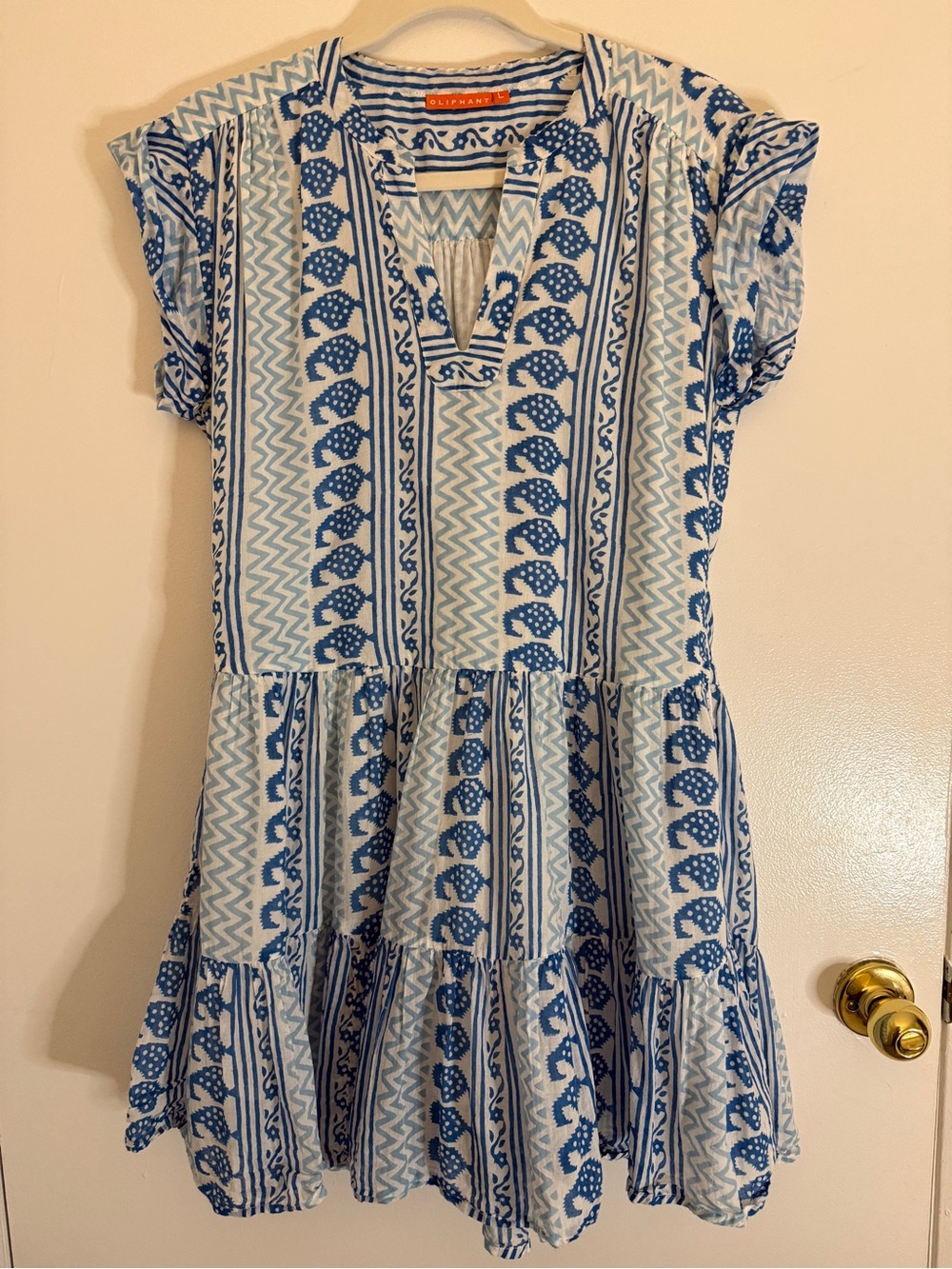 Oliphant Roll Sleeve Babylon Yoke Blue and White Mini Dress 100% Cotton